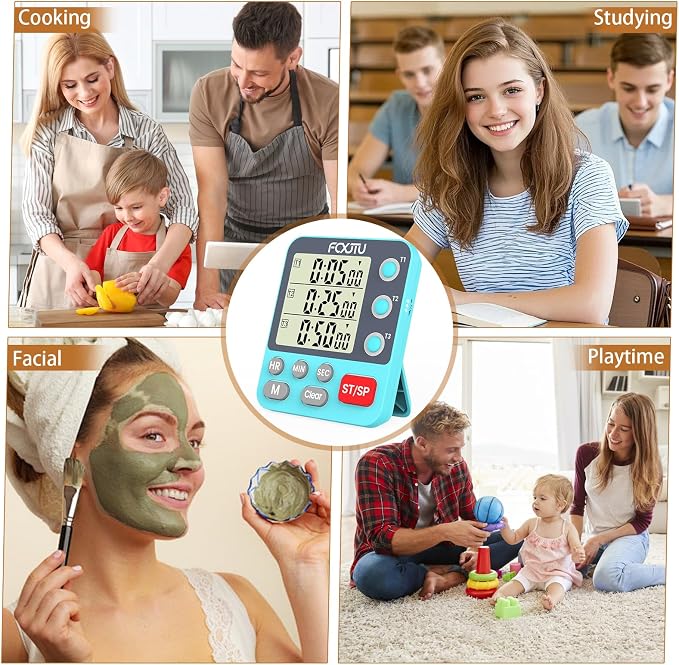 Digital Dual Kitchen Timer, Multi-Channel Magnetic Countdown for Cooking | 3Groups Triple Independent Countup Food Timer, Memory Presets, Large Display, Loud Alarm & Mute, 3A Battery & Stand Included