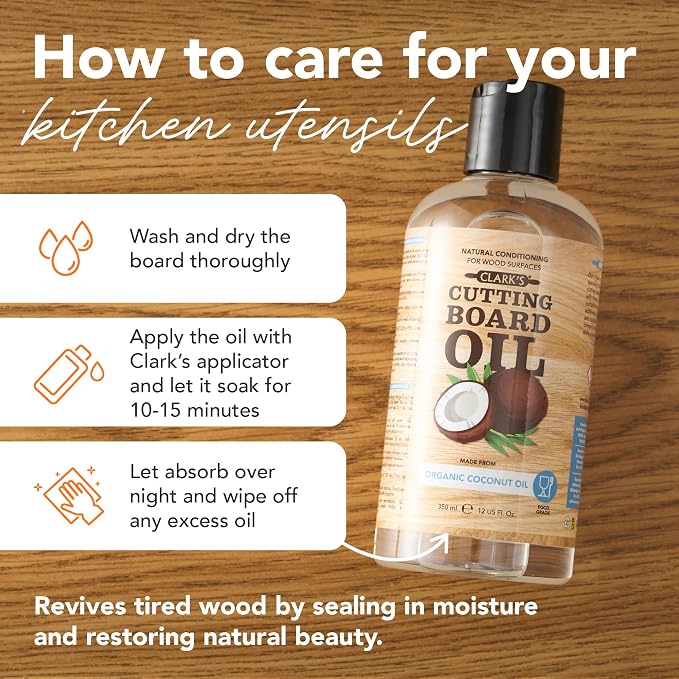 CLARK'S Cutting Board Oil made with Organic Coconut Oil, 12 Oz - Food Grade | Food Safe MCT Coconut Oil, Deep Wood Nourishment, Prevents Drying & Cracking, Butcher Blocks & Bowls