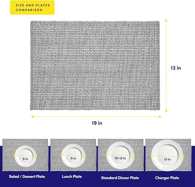 Sweet Home Collection 100% Cotton Placemats for Dining Room Rectangle Two Tone Woven Fabric 13" x 19" Soft Durable Table Mat Set, Set of 4, Gray