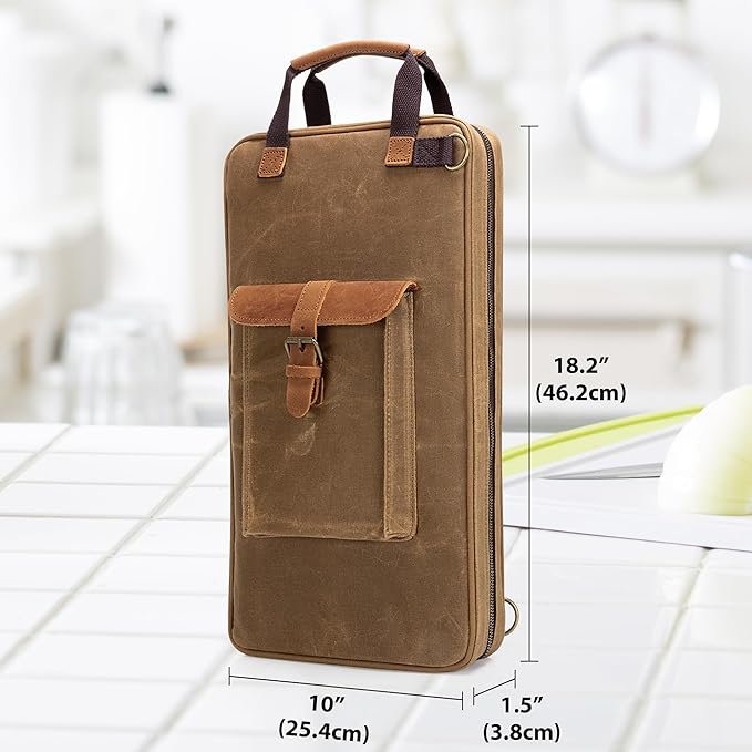 Damero Chef Knife Bag, Waxed Canvas Chef Bag with 11 Slots & 2 Mesh Pockets | Chef Storage Bag Knife Carrier Travel Knife Bag with Top Handles, Detachable Shoulder Strap for Kitchen Tools & Chef Utensils
