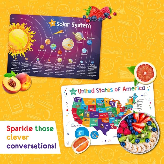 Simply Magic 5 Educational Placemats for Kids - Kids Placemats Non Slip | Kids Placemats for Dining Table, Wipeable Reusable Plastic Learning Place Mats: USA, World Map, Periodic Table, Solar System