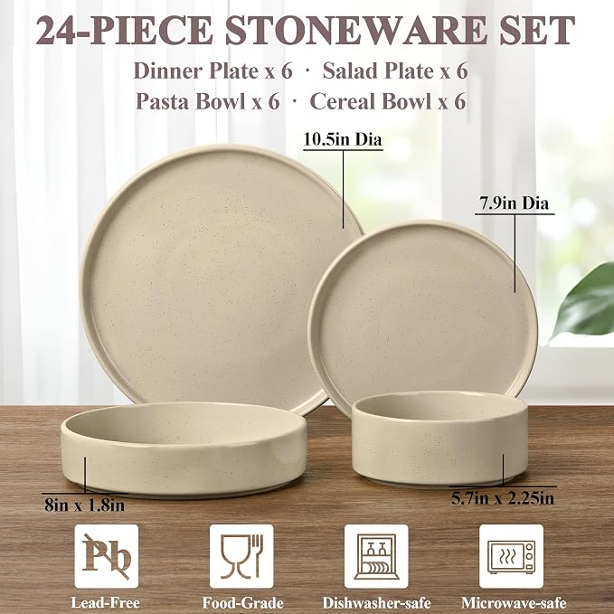 Herogo 24 Piece Dinnerware Sets with Double Bowls, Stoneware Plate and Bowls Set for 6, Ceramic Dinner Dishware for Kitchen Dining, Microwave & Dishwasher Safe, Speckled Khaki
