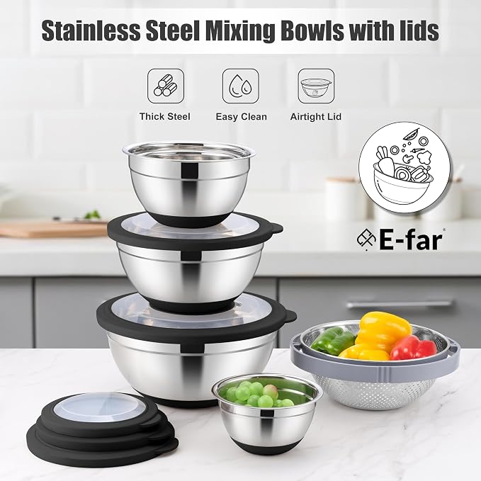 E-far Stainless Steel Mixing Bowls with Lids & Colander, 15PCS | Nesting Mixing Bowl with Non-Slip Bottom & 3 Metal Grater, For Kitchen Prep Baking Storage, 4.6, 3, 1.5, 1, 0.7QT, Black