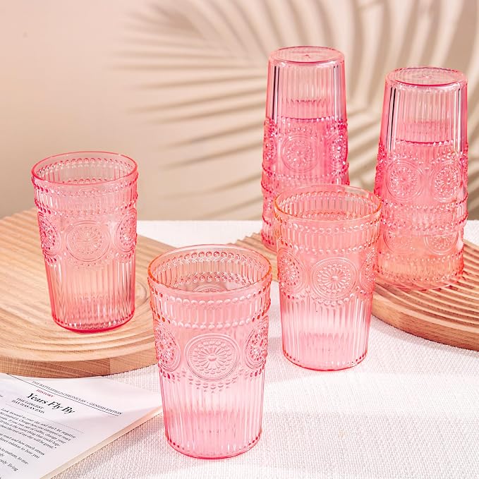 Ciaell 12 Pack Pink Plastic Water Glasses for Parties | 14 oz Pink Embossed Ribbed Vintage Drinking Cups, Heavy Duty Plastic, Beer Juice Cocktails for Weddings Outdoor Brunch
