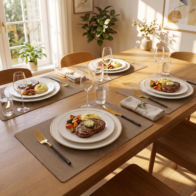 Romanstile Vinyl Placemats Set of 6-12 X 17 Inch - Faux Leather 100% Waterproof Wipeable Anti Slip Place Mats, Heat Resistant Reversible PU Table Mats for Kitchen Dining Party Outdoor, Brown