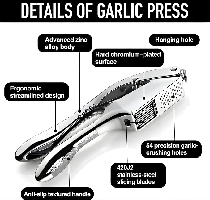 Garlic Press Stainless Steel - 3-in-1 Heavy Duty Garlic Press and Slicer, Professional Garlic Mincer Tool & Garlic Crusher with Ergonomic Handle, Dishwasher Safe Garlic Presser Set