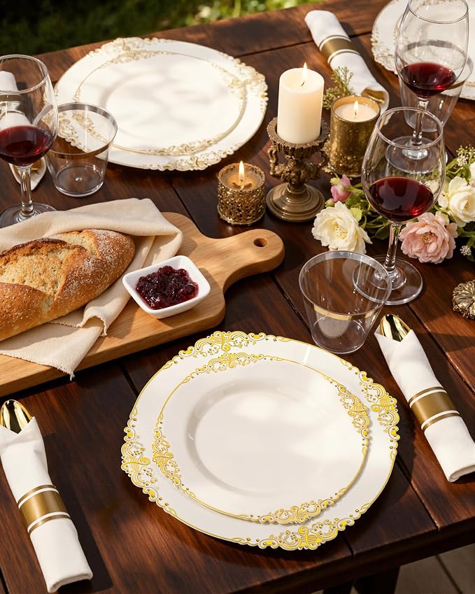 Nervure 175Pcs Ivory Plastic Plates, Disposable Party Plates for 25 Guests | 25 7.5" Dessert & 25 10.25" Dinner Disposable Plates, 75 Gold Cutlery, 25 9oz Cups, 25 Napkin for Wedding & Party, Heavy-duty