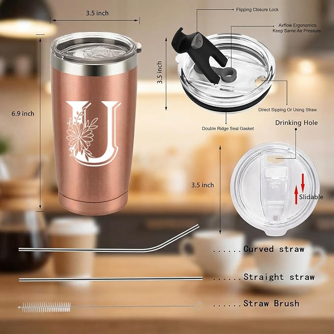 Letter U Insulated Travel Cup with Lid, Personalized Initial Mugs for Women, Letter U Gift Coffee Mugs for Women, Wife, Mom, Grandma, Bridal Shower Gifts, 20 OZ Rose Gold Two Lids