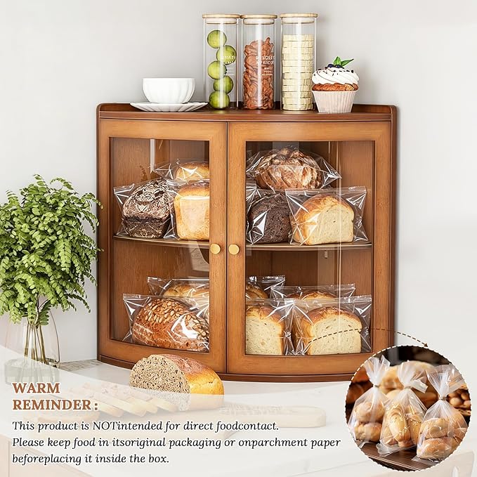 Trironsun Fan Shape Corner Bread Box for Kitchen Counter Double Layer Large Bread Storage Container with Acrylic Doors Farmhouse Wooden Bread Box Organizer for Homemade Bread (Brown)