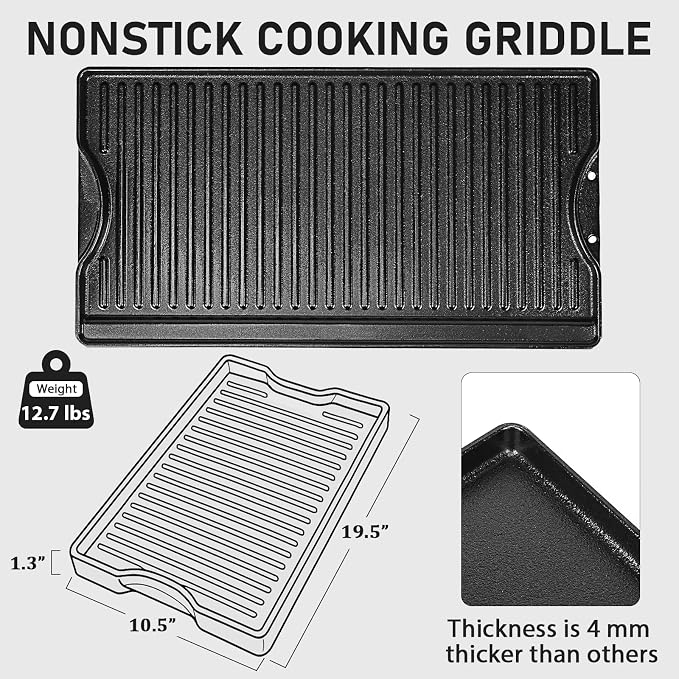 Utheer 19.5x10.5 Reversible Cast Iron Griddle for Stovetop Gas Grill | Flat & Ribbed Ceramic Nonstick Griddle Fits Indoor Stovetop, Gas Grill and Outdoor BBQ; Reversible Cast Iron for Even Heat