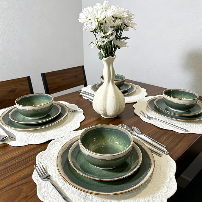 Sweejar 12 Pieces Ceramic Dinnerware Sets for 4, Moss Green | Gradient Glaze Plates and Bowls Set, Microwave & Dishwasher Safe, Stackable Dish Set, Scratch Resistant Dishware Sets