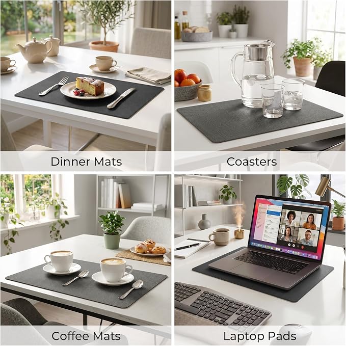 Romanstile Vinyl Placemats Set of 4, Reversible Faux Leather Heat Resistant Wipeable Table Mats, Waterproof Washable Non-Slip Table Placemats for Dining/Kitchen/Party/Outdoor (Grey Black, 12" x 17")