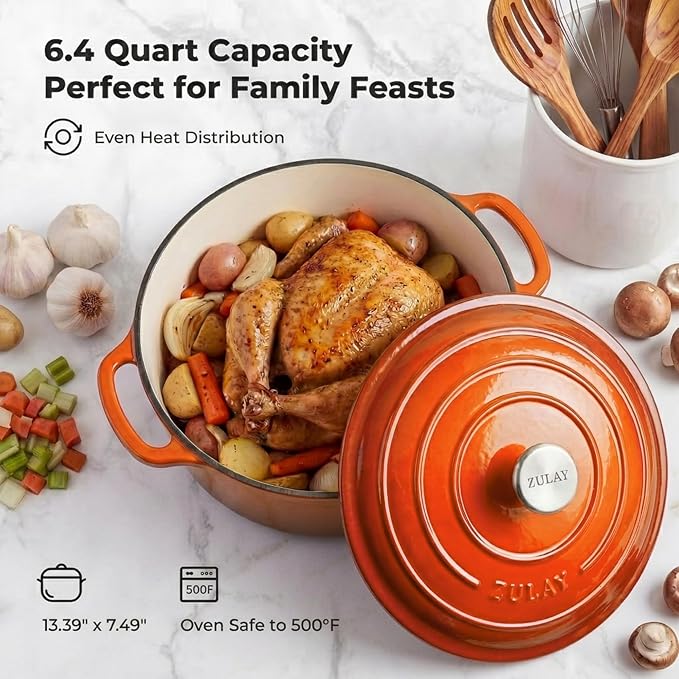 Zulay Kitchen 6 Quart Enameled Cast Iron Dutch Oven Pot with Lid – Premium Durability & Oven Safe up to 500°F – Heavy Duty Cookware Perfect for Bread Baking, Stews, Braising & Roasting – Orange