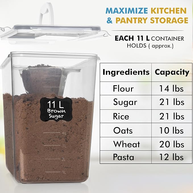 Shazo 2 PC (11L | 372 oz) Flour Sugar Storage Containers with Easy Carry Handle - Plastic Extra Large Food Storage Containers with Lids for Rice Cereal, BPA Free & Airtight Kitchen Pantry Organization