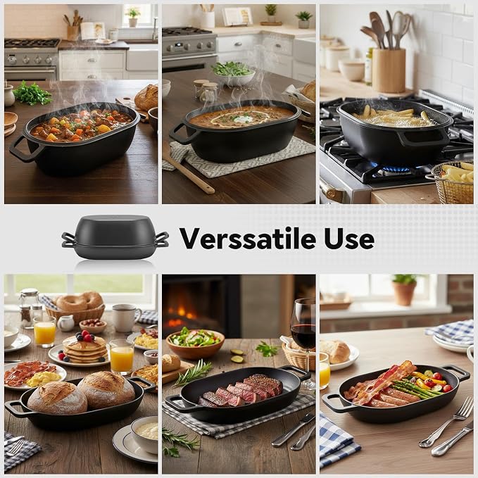 Northriver Casting 12"x8" Oval Cast Iron Dutch Oven for Bread Baking，Pre-Seasoned Combo Cooker with Lid, Perfect for Sourdough, Artisan Loaves & Family Meals,5 Qt