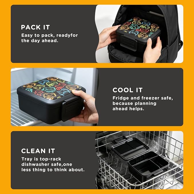 JXXM Bento Lunch Box for Kids With 8oz Soup thermo,Leak-proof Lunch Containers with 5 Compartment,thermo Food Jar and Lunch Bag, Food Containers for School (A-Black(Game Consoley))