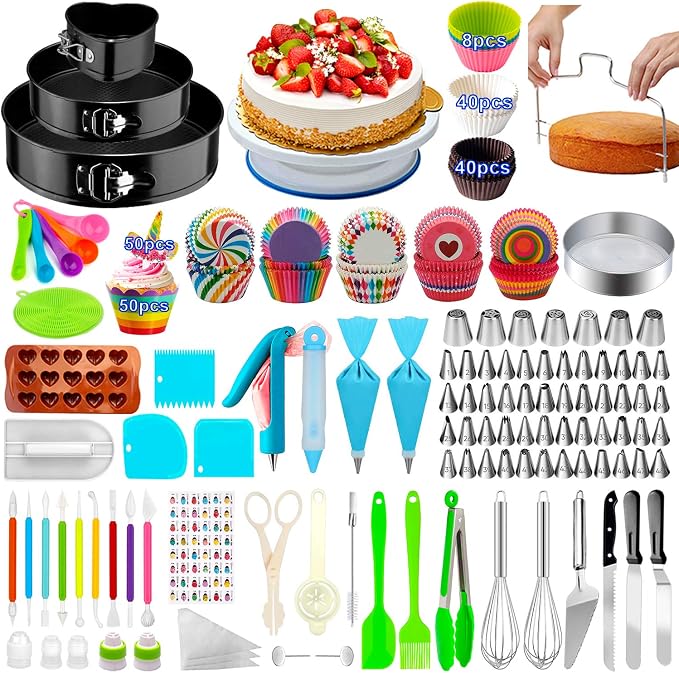 Cake Decorating Supplies, 493 PCS Cake Decorating Kit Cake Pans | 3 Packs Springform Cake Pans, Cake Rotating Turntable,48 Piping Icing Tips,7 Russian Nozzles, Baking Supplies, Multicolor