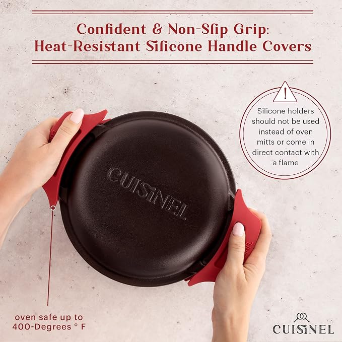 Cuisinel Cast Iron Dutch Oven - 3-Quart Deep Pot - Pre-Seasoned 2-in-1 Multi-Cooker - Combo Lid Doubles as 8"-inch Skillet + Silicone Handle Covers + Scraper - Use for Baking Bread. PFAS and PFOA-free