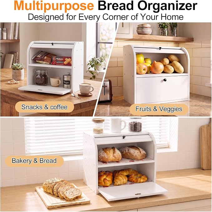 Alpeir Roll Top Bread Box with Cutting Board for Kitchen Countertop, White | Large Breadbox with Ventilation Holes, Double Layer Pantry Shelf, Wooden Homemade Bread Storage Container, Vintage Farmhouse
