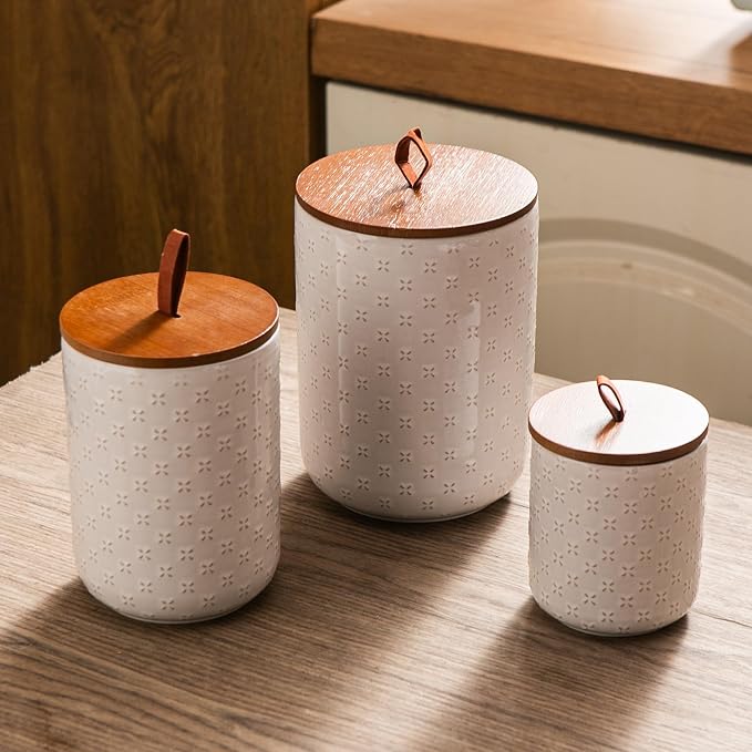 Mowtanco Embossed Ceramic Canister Set with Airtight Bamboo Lid | 12/30/48 oz White Ceramic Kitchen Jar Set, Countertop & Pantry Organization for Coffee, Sugar, Flour, Tea & Snacks