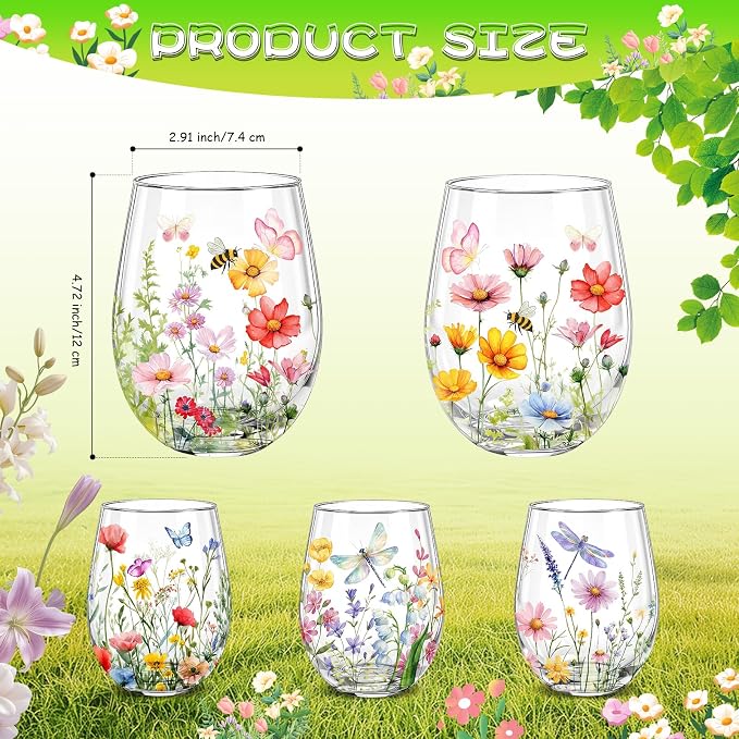 Nuogo 4 Set Summer Wildflower Stemless Wine Glasses 17oz Butterfly Dragonfly Wine Tumblers Cute Summer Glass Cups Gift for Women Mom Bridesmaid Birthday Wedding