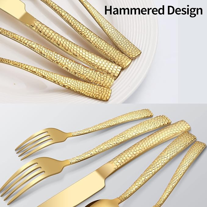 Remoxye 40-Piece Silverware Set, Gold Hammered Stainless Steel Flatware Sets for 8, Food-Grade Tableware Set, Including Fork Knife Spoon Set, Durable Home Kitchen Cutlery Sets, Dishwasher Safe, RX357