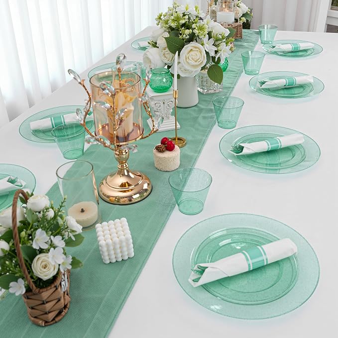 DaYammi 350 Pieces Green Glitter Dinnerware Set 50 Guest for Party St Patricks Day Plates - 50 Dinner Plates, 50 Dessert Plates - 50 Per Rolled Napkins with Green Cutlery - 50 Disposable Cups 9 OZ