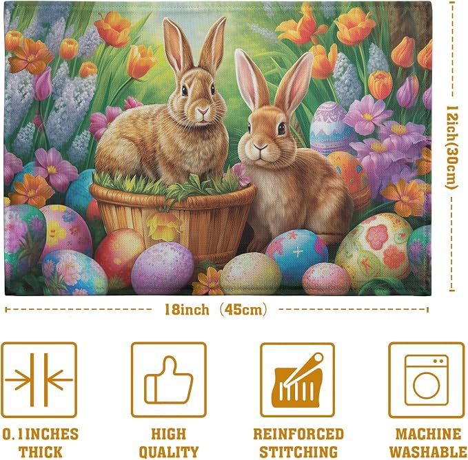 Easter Rabbits Eggs Placemats Set of 4 Easter Bunny Tulip Flowers Table Place Mats Seasonal Farmhouse Spring Holiday Table Mat for Party Kitchen Dining Outdoor Indoor Decor