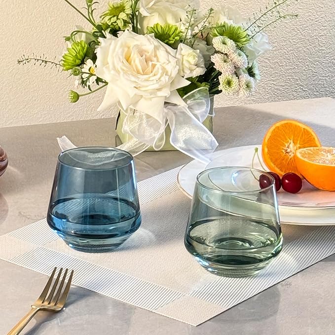 Stemless Wine Glasses Set 6【Colored Wine Glasses Stemless】 Multi Color Short Tumbler【14oz】 Colored Glassware for Wine or Soft Drinks,Unique Wine Gifts for Women Birthday Wedding