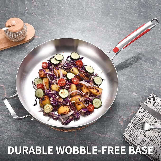 Inqibee 13 Inch Stainless Steel Frying Pan with Lid, Detachable Handle | Tri-Ply Stainless Steel Skillet, Fast & Even Heating, Stay-Cool Removable Silicone Handle, Induction Ready, Dishwasher Safe