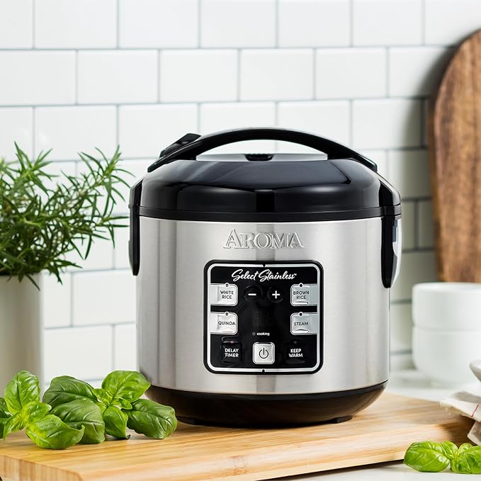 AROMA® Select Stainless® Rice Cooker, 4-Cup (Uncooked) / 8-Cup (Cooked), 2 Qt, Stainless Steel Inner Pot, Multicooker, Steamer, Stainless Steel, ARC-914SBDS