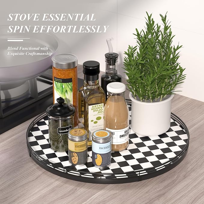 AMH18-Inch Black and White Checkerboard Lazy Susan Decorative Tray | Smooth rotating oak tray with walnut finish for dining tables, kitchen counters, pantries and cabinet storage.