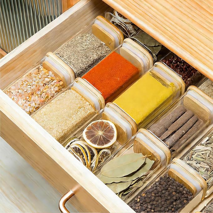 ComSaf Glass Spice Jars with Labels 8 oz 6 Pack Square Bamboo Lids | Empty Containers, Seasoning Herbs Powders, Salt Pepper Chili, Kitchen Cabinet Storage Starter Set, Dry Goods