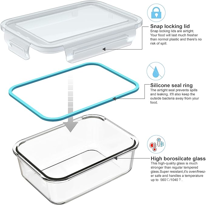 AILTEC 9 Pack Glass Food Storage Containers with Lids, 3 Shape Airtight Set | Ideal for Meal Prep, Lunch, Leak Proof, Borosilicate Glass Reusable, Microwave, Oven, Freezer Dishwasher Safe, BPA Free