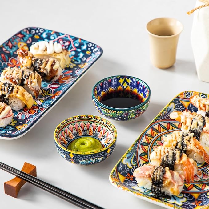 vancasso SIMI 2.7 Oz Ceramic Dipping Bowls Set of 6, Bohemian Sauce Bowls | For Soy Sauce, Sushi, Dips, and Condiments, Microwave and Dishwasher Safe, 3 Inch Mini Dishes, Bohemian Design