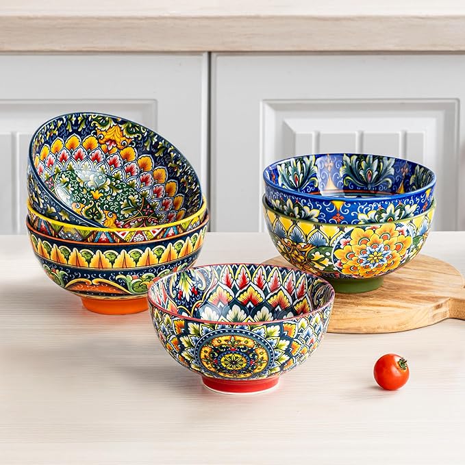 Henten Home Ceramic 5 oz Dipping Bowls, Boho Sauce Bowl Set of 6, Colorful Small Snack Bowls for Salsa, Appetizer, Decorative, Microwave & Dishwasher Safe