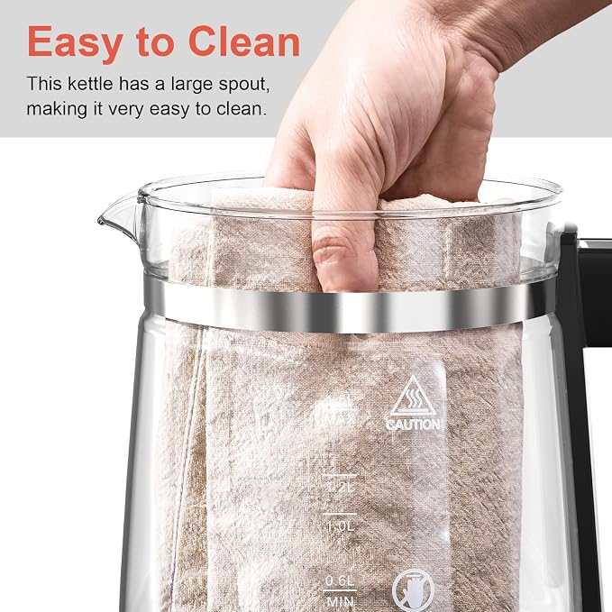 1200w Electric Kettle, 1.5L Borosilicate Glass tea kettle, Hot water kettle electric for Coffee or Tea, BPA Free, Auto Shut-Off, Stainless Steel, Fast Boil, Black