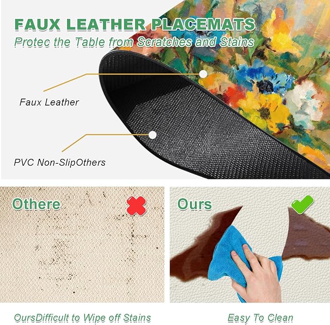 Spring Floral Placemats Set of 4 - Faux Leather Heat Resistant Placemats for Dinner Table, Non-Slip Waterproof Oil-Proof Washable Reusable Placemat for Indoor Outdoor Kitchen, 15.75In*11.81In