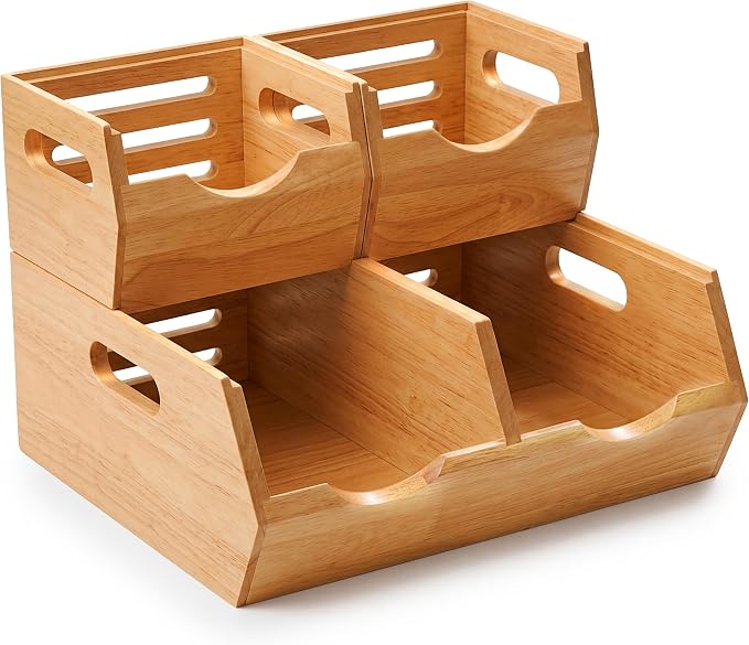 HOMESTEAD Stackable Solid Wood Storage Bins for Pantry & Countertop, Ventilated Potato and Onion Basket Organizer with Handles, Wooden Produce Storage Containers, 3 Pack, Natural Wood