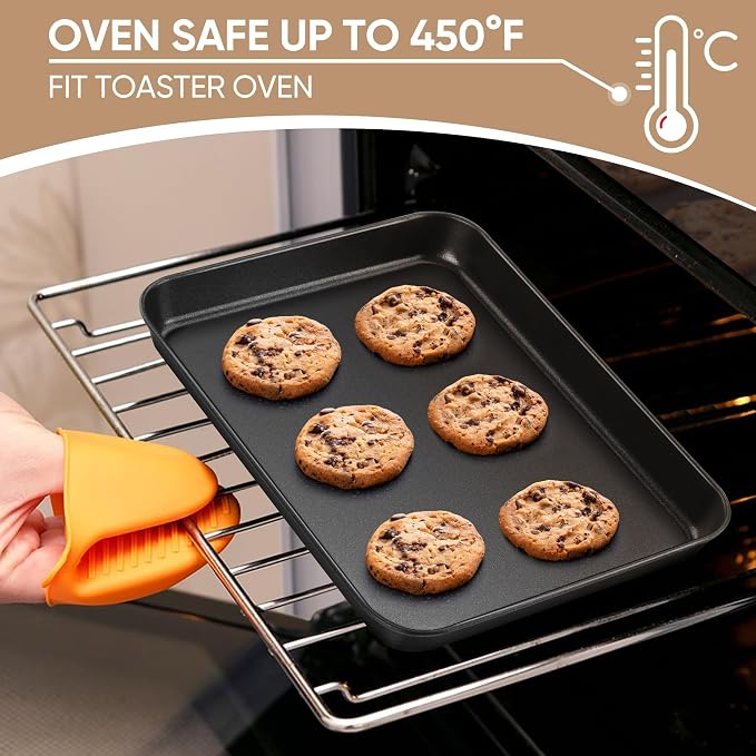 E-far Baking Sheet Set of 2, 9" x 7" x 1" Small Cookie Sheet Pan for Baking | Nonstick Carbon Steel, Half Sheet Baking Pans Trays for Toaster Oven, Roasting/Cooking, Non-toxic & Healthy, Easy Clean