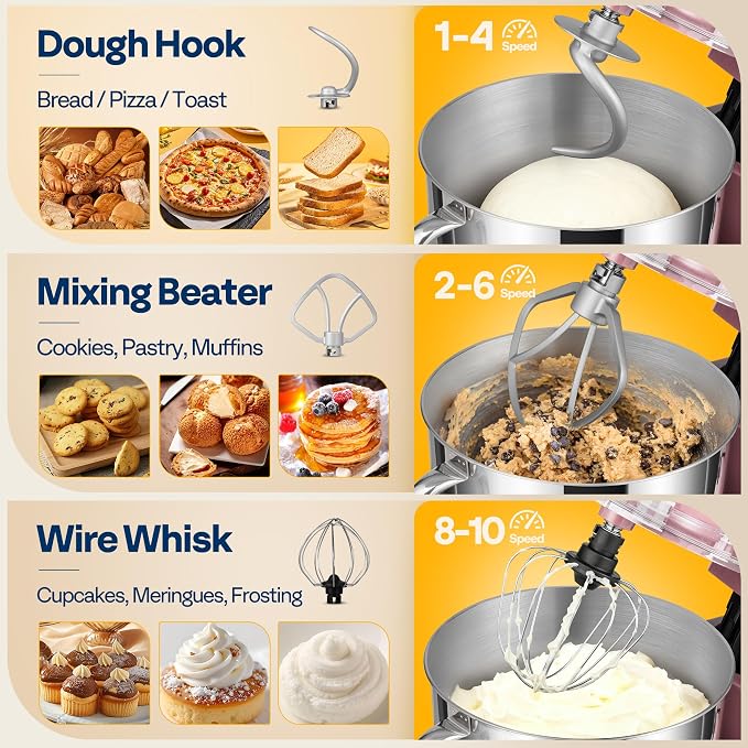VIVOHOME Stand Mixer, 6-Quart Tilt-Head Kitchen Mixer with Bowl, Pink | 10 Speeds, Dough Hook, Beater, Whisk, Splash Guard, Egg Separator, for Cake & Bread