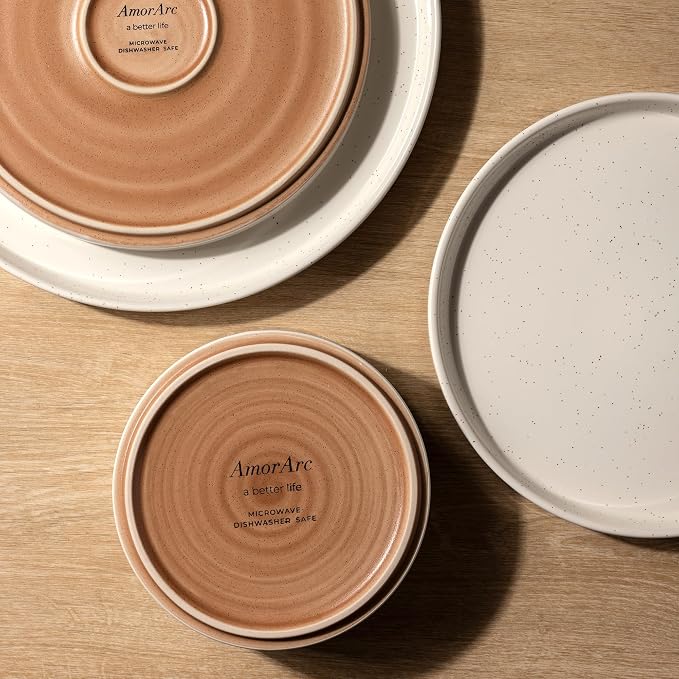 AmorArc Stoneware Dinnerware Sets for 4,12 Pcs Plates and Bowls Set | Handmade Ceramic Dish Set,Dishwasher & Microwave Safe,Scratch Resistant-Beige