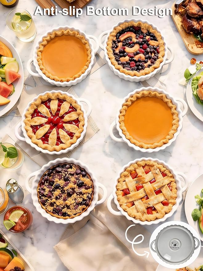6in Ceramic Mini Pie Pan Set of 6 with Handles for Pie Quiche Tart. Easy to grip, Lead-Free. 10 oz Ramekins Dish for Creme Brulee, Soufflés; Gifts for Baking Enthusiast. Oven Dishwasher Safe