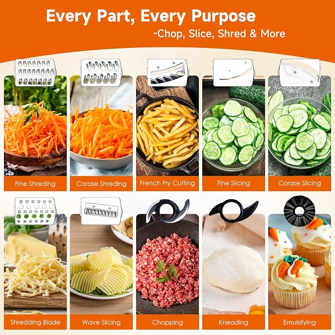 Davivy 7 Cup Food Processor with Storage，10-in-1 for Cheese, French Fries | Large Vegetable Chopper, Dough Kneader, Meat Chopper,Salad, Salsa, Wavy Slicer,Healthy Snacks, Meal Prep, Dishwasher Safe