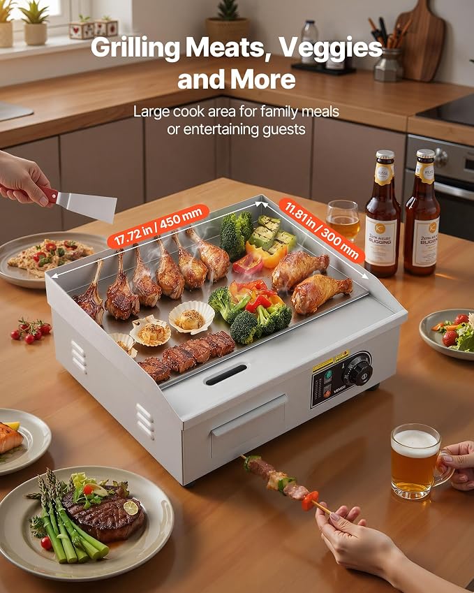 VEVOR Commercial Electric Griddle, 18", Countertop Flat Top Griddle, Stainless Steel Teppanyaki Grill w/Iron Cooking Plate, 122-572℉ Adjustable Temp Control, 2 Shovels & Brushes