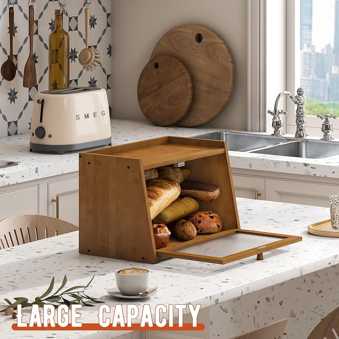 GHWIE Large Bread Box, Easy Access & Cleaning - Bamboo Bread Box for Kitchen Countertop with Acrylic Door (Coffee, Medium)