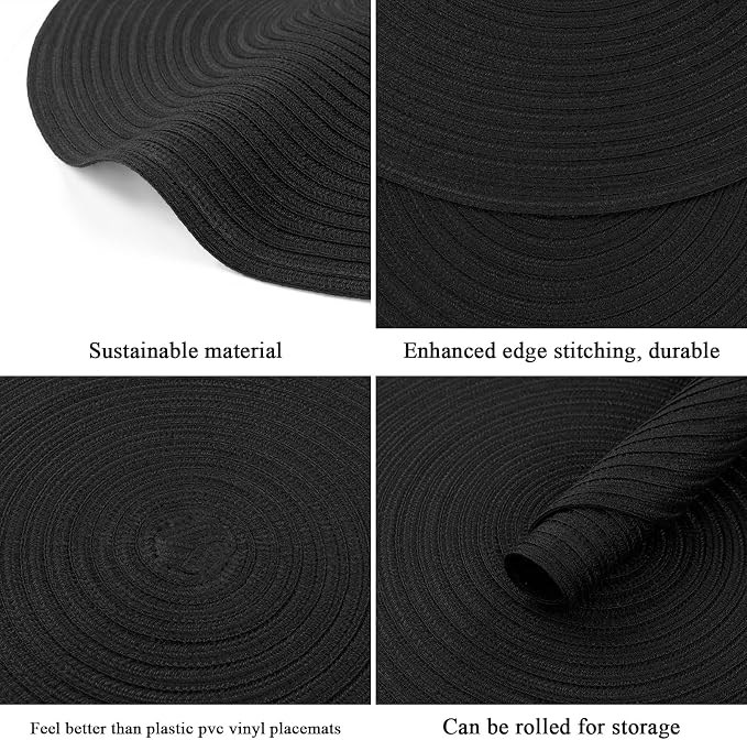 SHACOS Black Round Placemats Set of 12 Heavy Cotton Polyester Woven Braided Place Mats Washable Heat Resistant Non Slip Table Mats