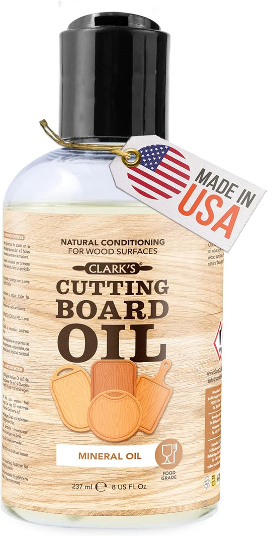 CLARK'S Food Grade Mineral Oil 8 oz, Butcher Block Conditioner - Unscented | Mineral Oil for Wood Cutting Boards, Butcher Blocks, Utensils, Lubricant for Knives. Soak for 3 Hours & Reapply Every 4 Weeks