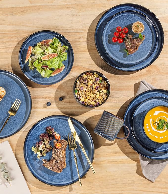 Ceramic Dinnerware Set for 4, 12-Piece Plates and Bowls Set | Lightweight Porcelain Dish Set, Scratch Resistant, Oven & Microwave & Dishwasher Safe, Starry Blue