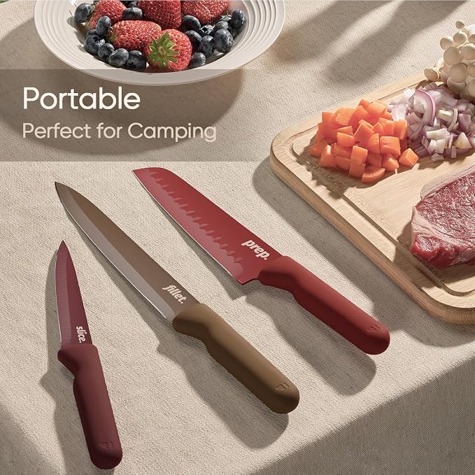 CAROTE Kitchen Knife Set, 6 Floral Knives with 6 Blade Guards, 12-Piece | Stainless Steel Blades, Ceramic Nonstick Coating, Long-Lasting Sharpness, Rust-Resistant, Non-Slip, Dishwasher Safe